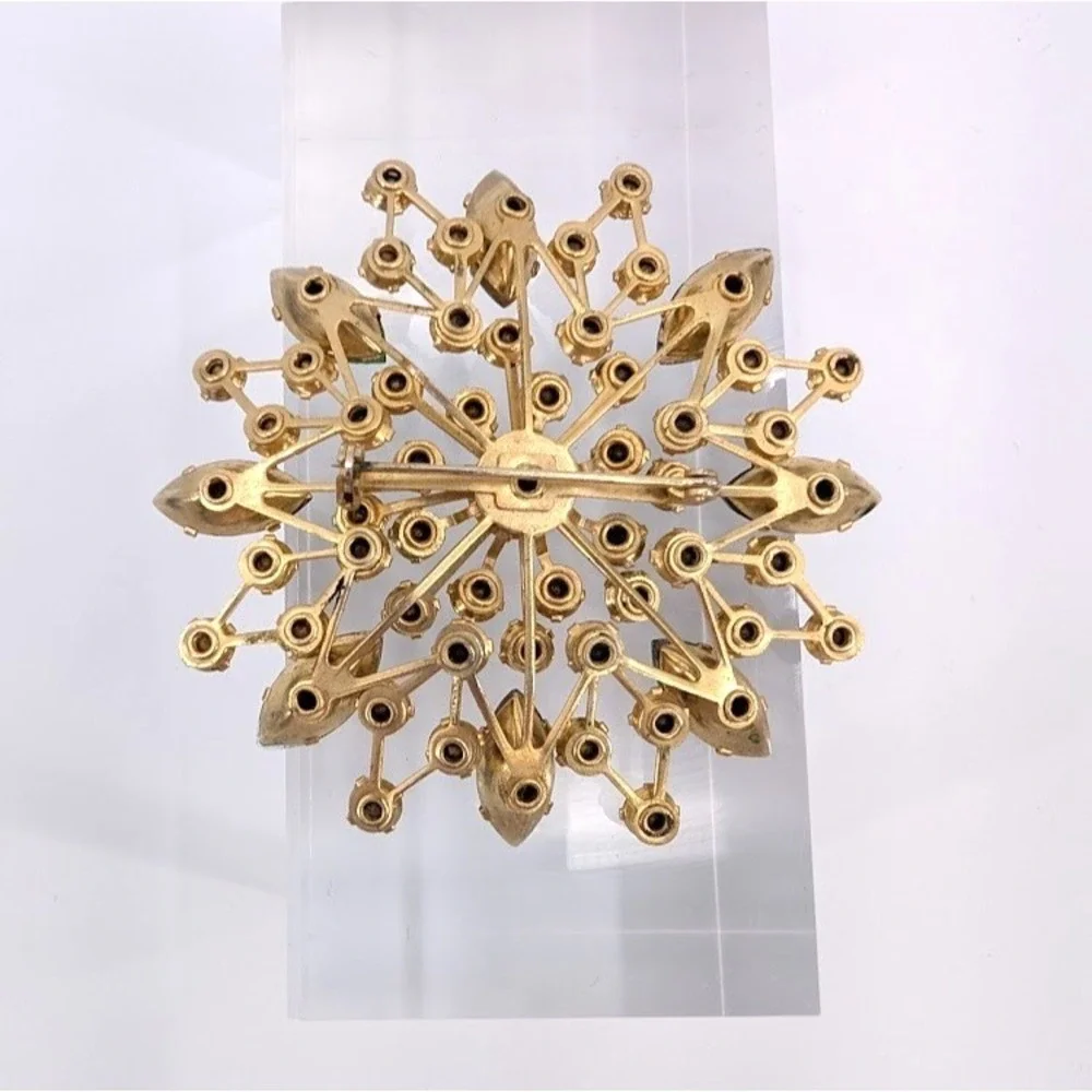 Vintage Rhinestone Sunburst Brooch 3D Layered Gold Tone Earth Colors MCM‎
